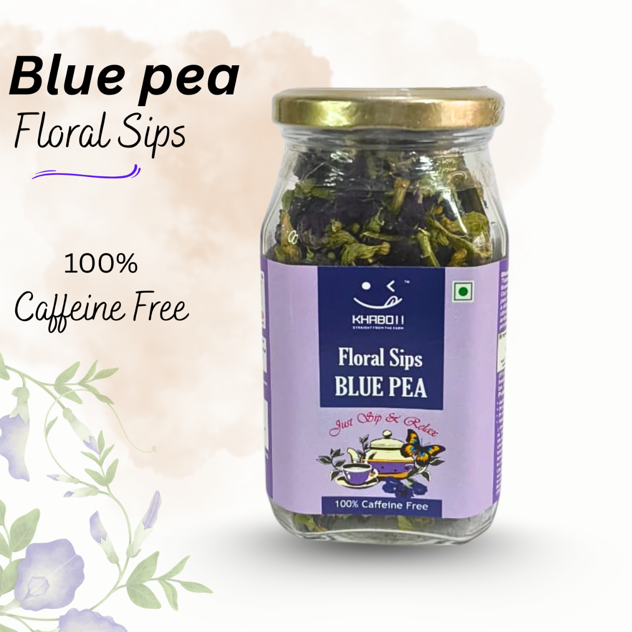 Jar of Blue Pea tea with a purple label on a white background