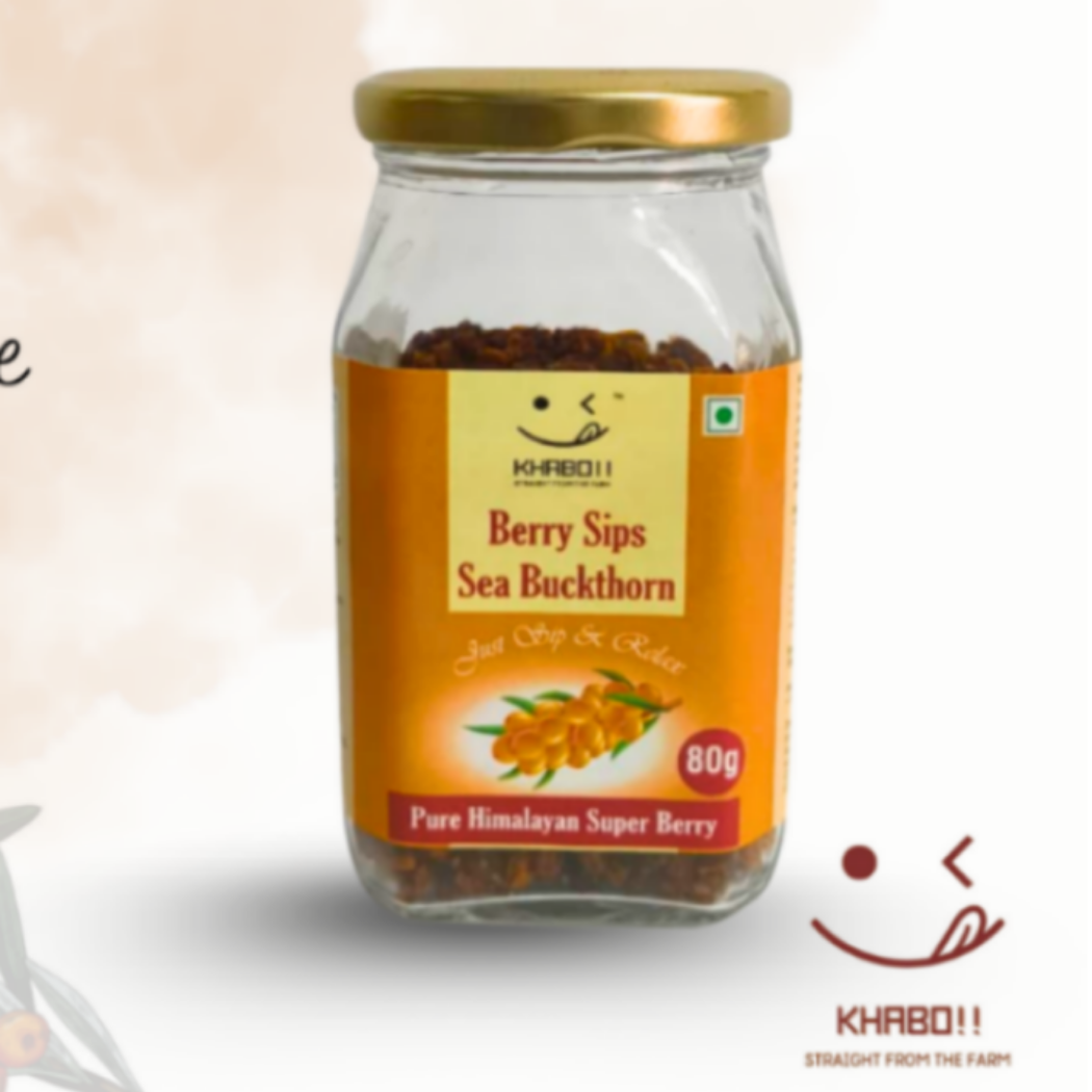 Jar of Sea Buckthorn with branding and product details on a light background