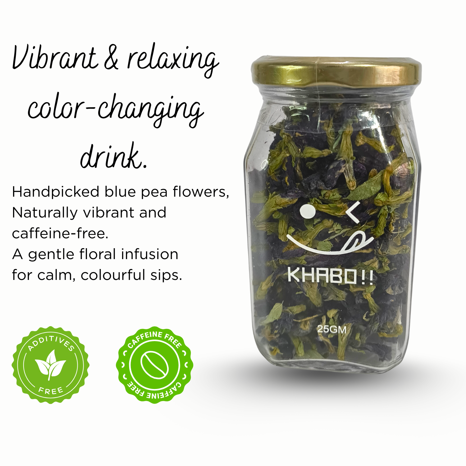 Jar of Khabo! blue pea flowers with text about the drink on a white background