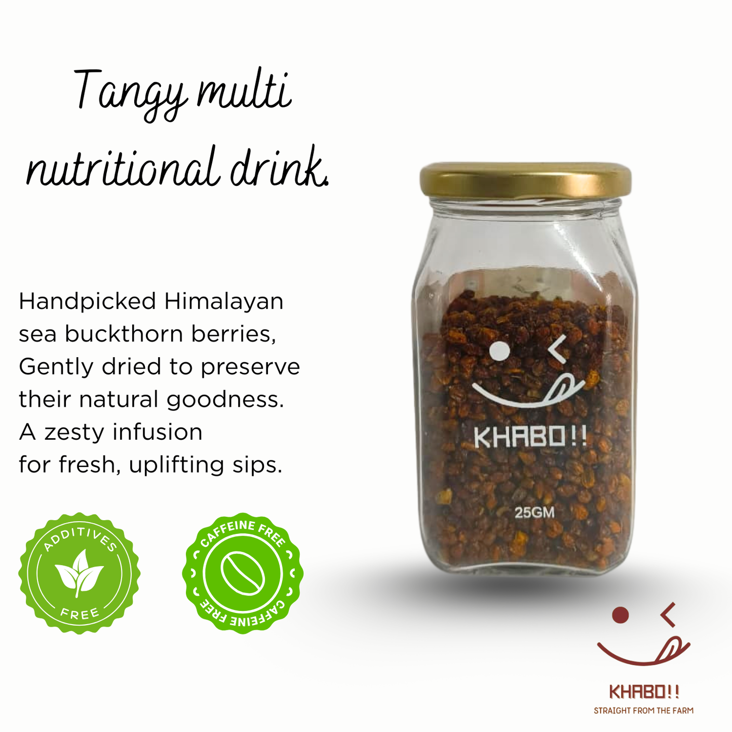 Glass jar with dried berries labeled 'Khabo!' on a white background