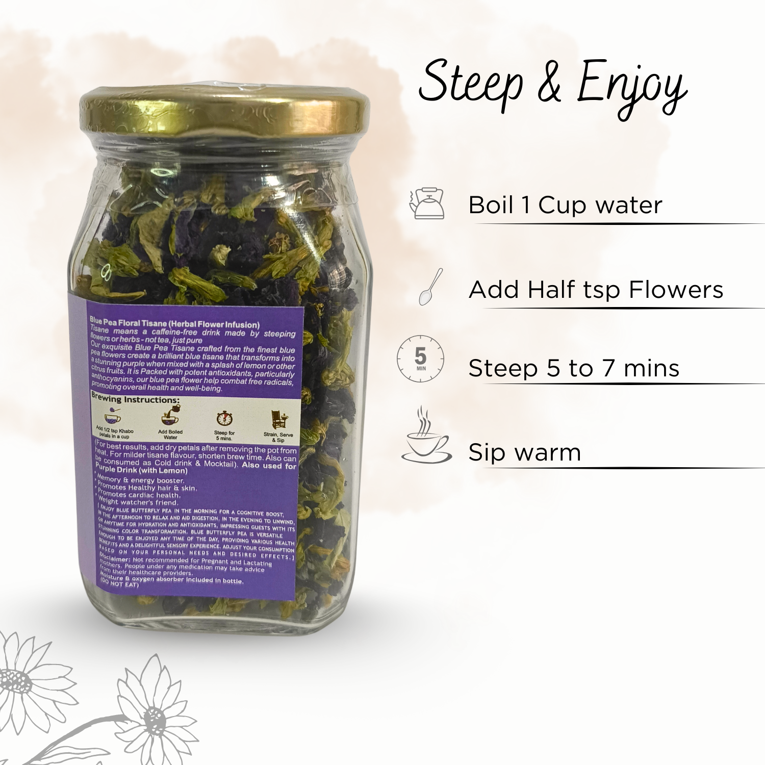 Jar of dried herbs with brewing instructions on a white background