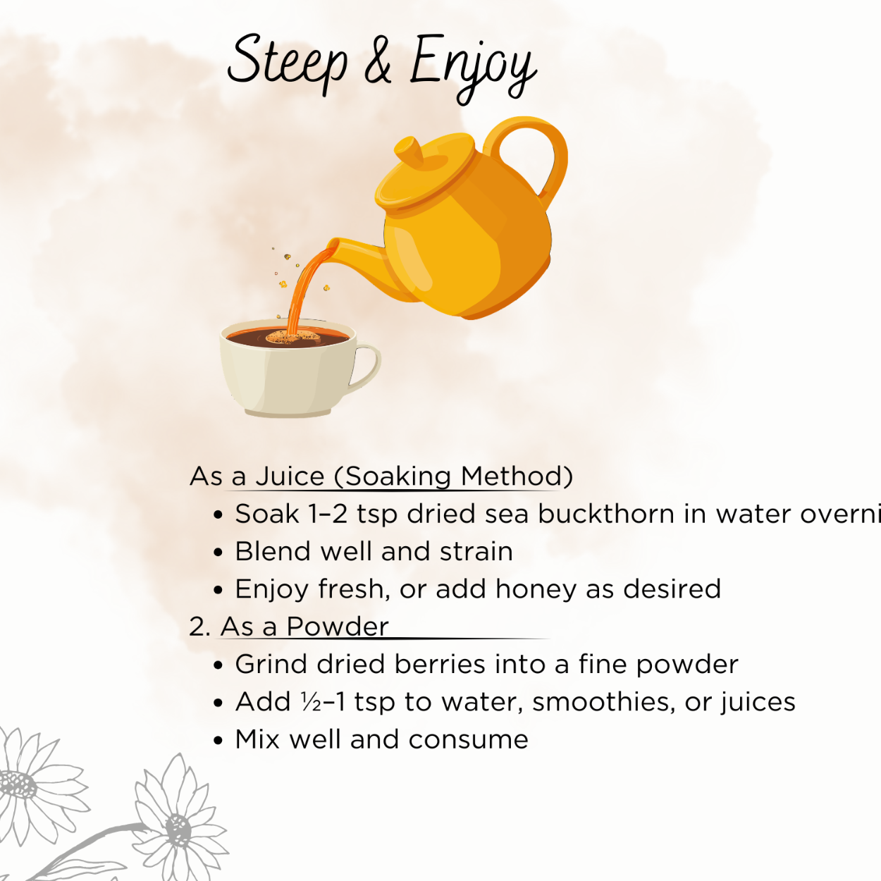 Tea brewing instructions with a teapot and cup illustration on a light background.