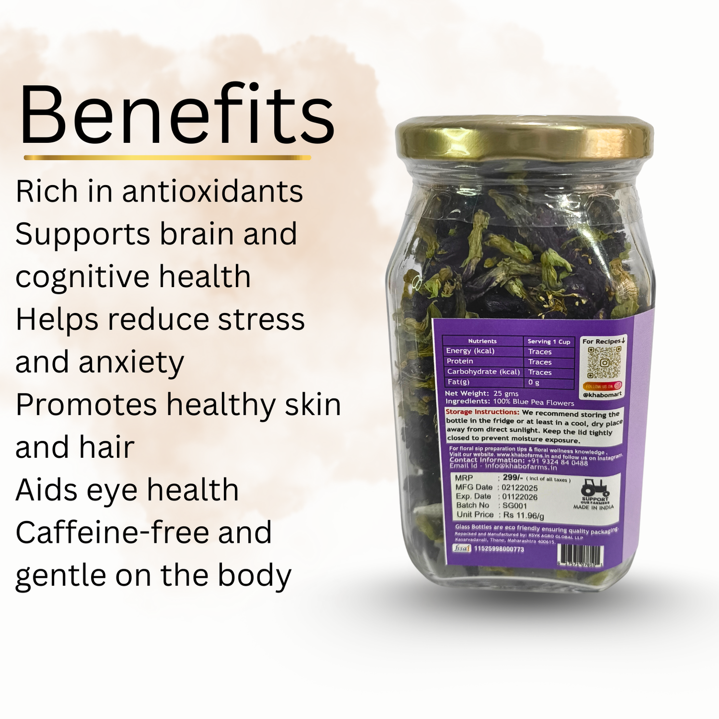 Jar of dried herbs with health benefits listed on a white background