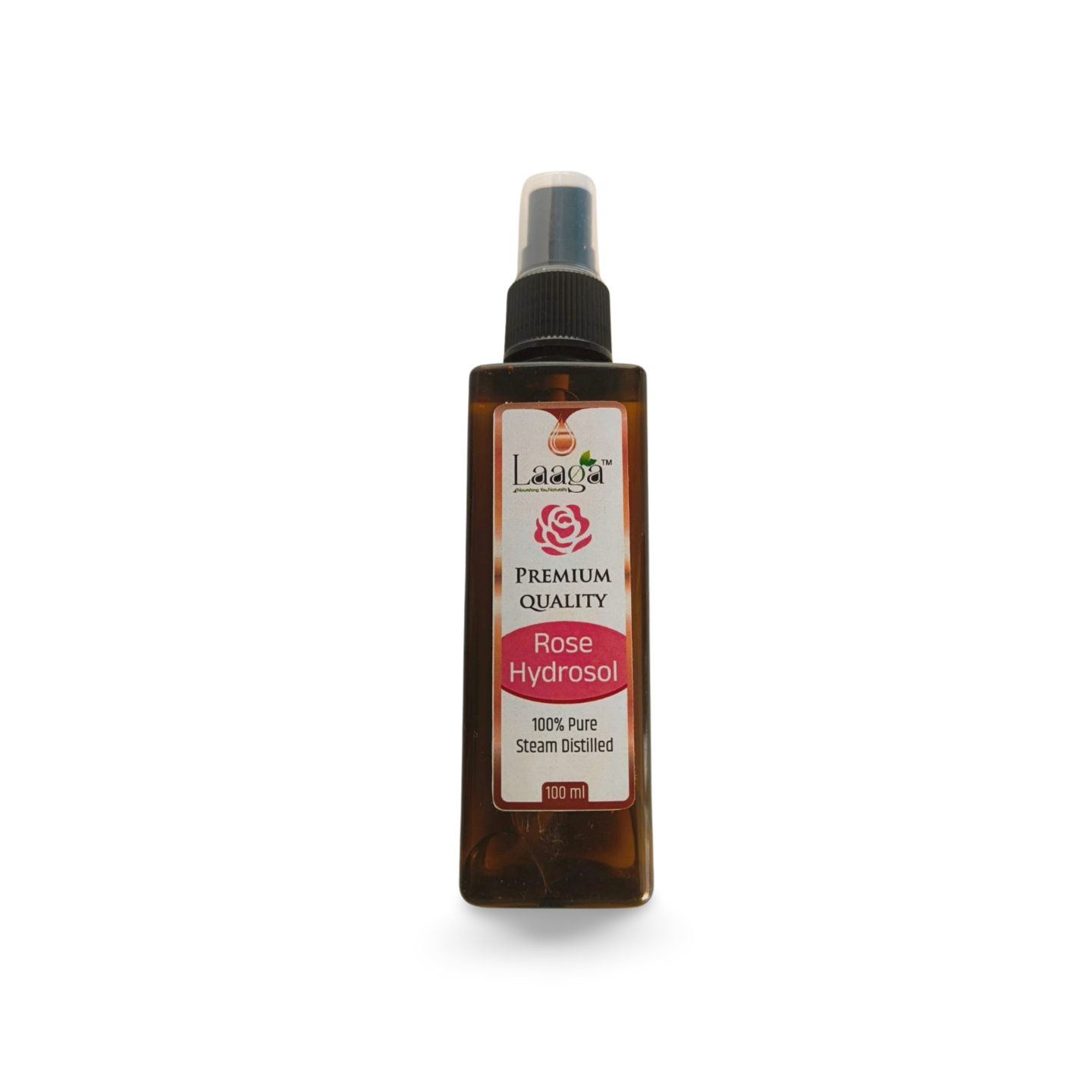 Front-facing view of Laaga Organic Rose Hydrosol spray bottle on a neutral, minimalist stone slab background.