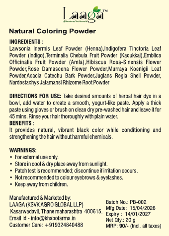 Product label for Laaga Natural Coloring Powder with ingredients, directions, benefits, and warnings.
